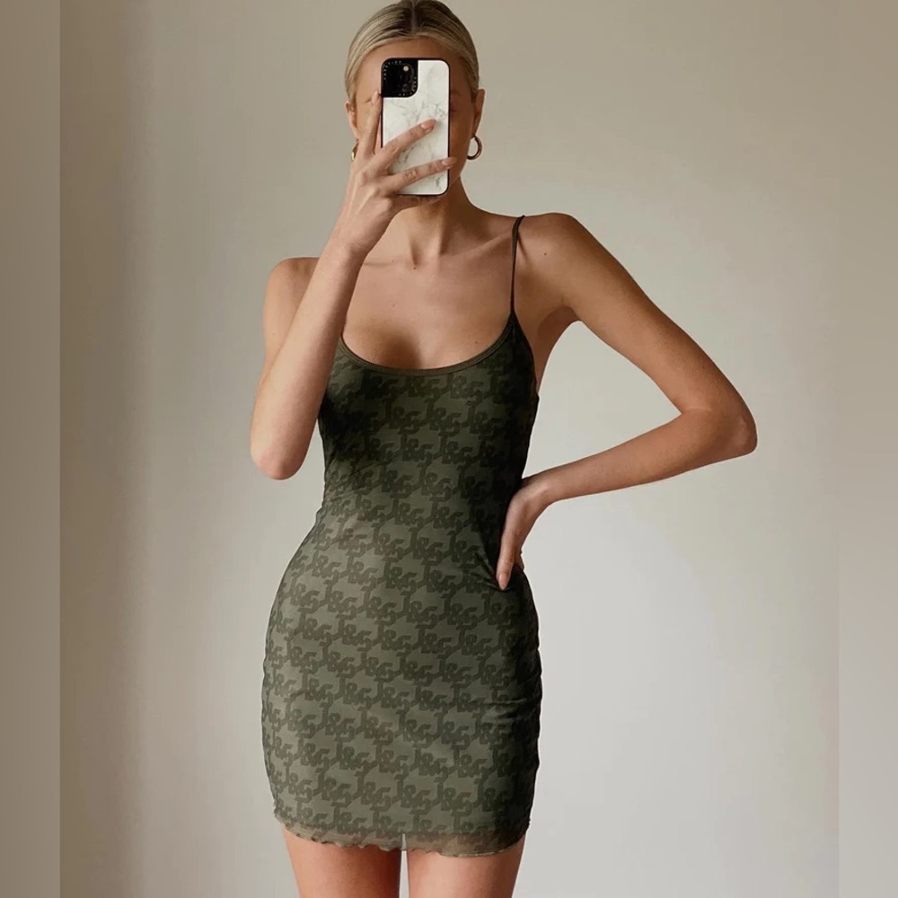 Princess Polly JGR & STN Demi Mini Dress Khaki Monogram NWT Size 4